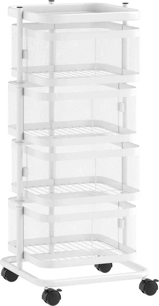 HOMCOM Carrinho 4 Cestos Giratórios com Rodas Organizador para Legumes e Frutas Prateleira Superior 33x33x77 cm Branco | Aosom Portugal