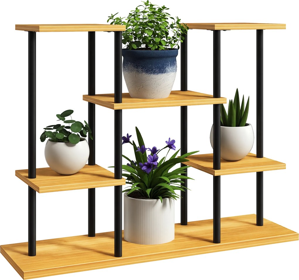Suporte para plantas de interior com 6 prateleiras, estrutura em aço e base em madeira maciça, 80 x 24 x 61,5 cm, madeira natural