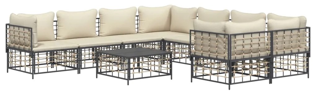 9 pcs conjunto lounge de jardim c/ almofadões vime PE antracite