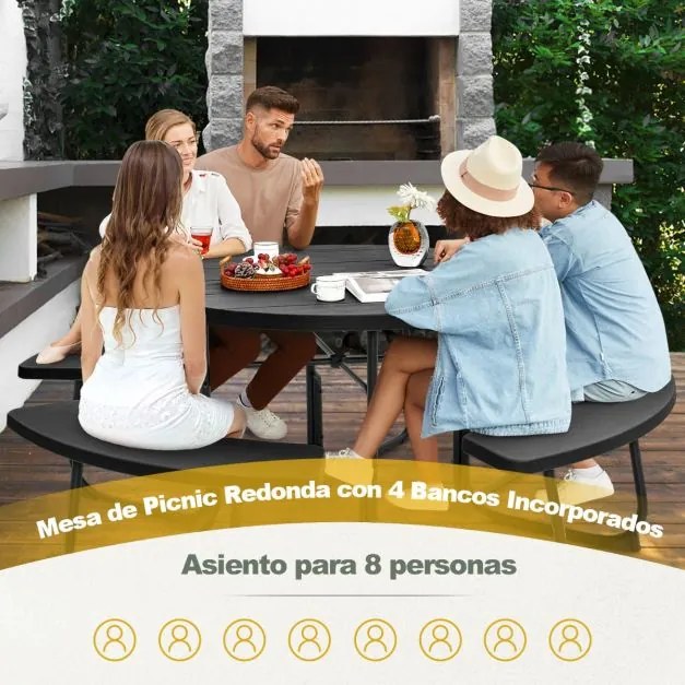 Conjunto de jardim para 8 pessoas com mesa e 4 bancos, orifício para guarda-sol e mesa de campismo redonda para piquenique no jardim Carga 225 kg Pret
