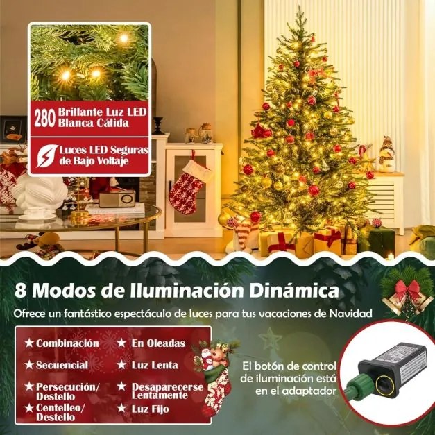 Árvore de Natal pré-iluminada com dobradiças, 183 cm, 280 luzes LED quentes/brancas (DECORAÇÕES NÃO INCLUIDAS), 8 modos, 788 ramos, base metálica Verd