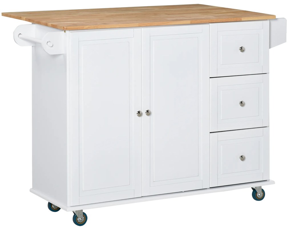 HOMCOM Ilha de Cozinha com Rodas ilha de Cozinha com Bancada Rebatível 3 Gavetas 1 Armário 128,8x75,5x92,5cm Branco e Natural | Aosom Portugal