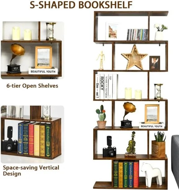 Estante decorativa em forma de S  80 x 23 x 191 cm com 6 prateleiras de madeira multifuncional para sala, quarto ou escritório Café