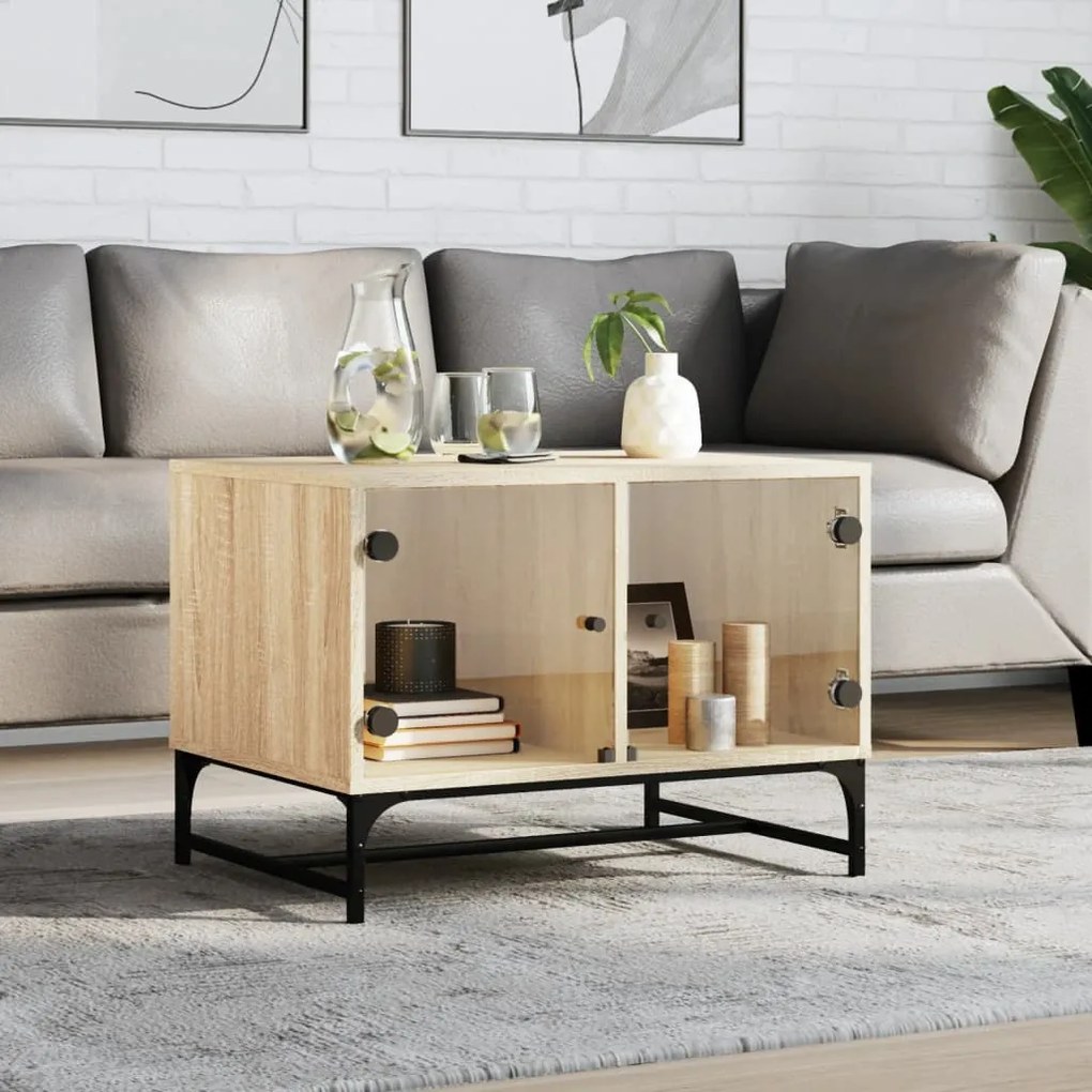 vidaXL Mesa de centro c/ portas de vidro 68,5x50x50 cm carvalho sonoma