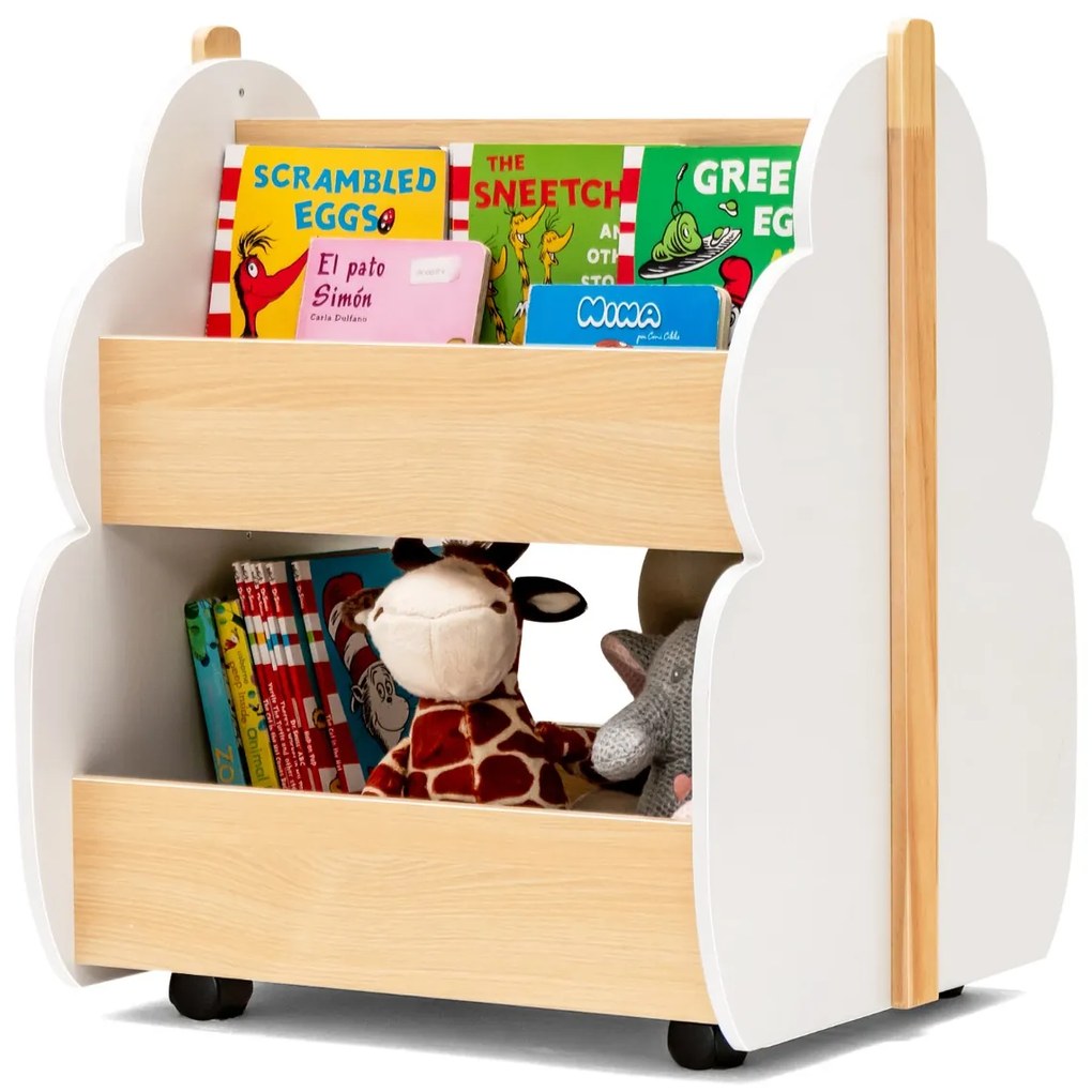 Estante de madeira para crianças com rodas Estante de brinquedos multifuncional de 2 níveis Organizador de livros 52 x 46 x 62,5 cm Branco