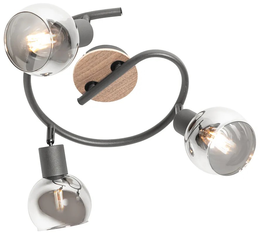 Candeeiro de teto preto 44,5 cm com vidro fumê e madeira 3 luzes - Vidro Moderno