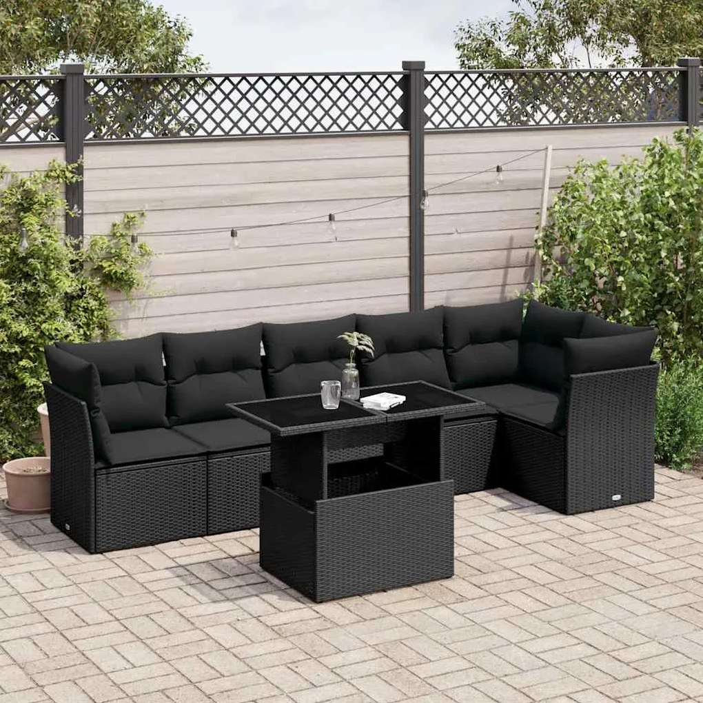 7 pcs conjunto de sofás p/ jardim c/ almofadões vime PE preto