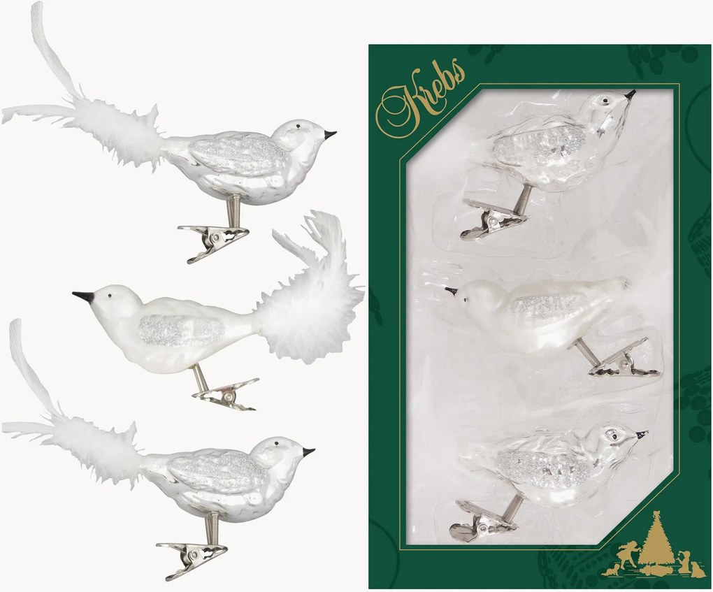 Ornamentos de Natal pintados à mão e artesanais com cauda de penas Birds, conjunto de 3