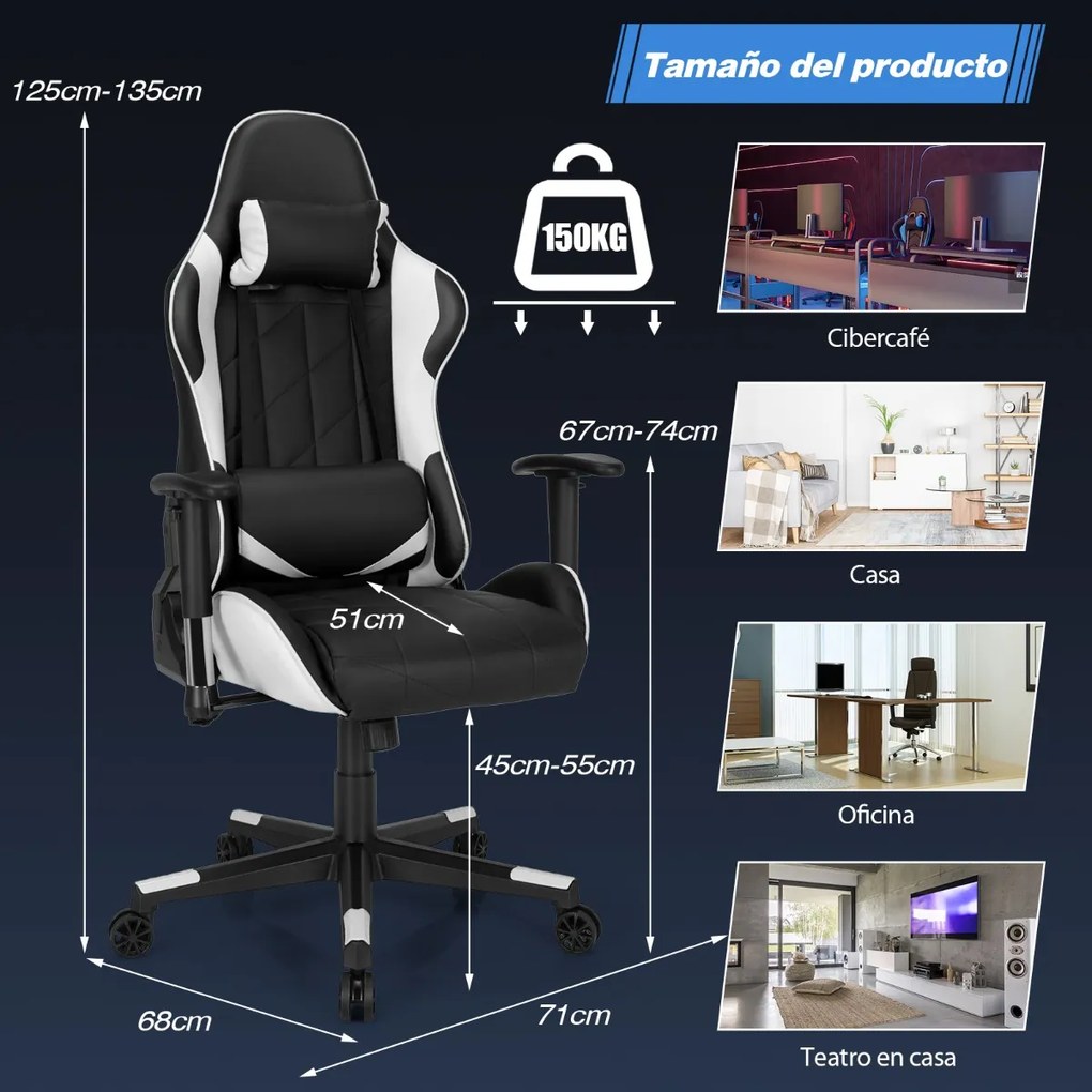 Cadeira giratória para gaming ergonómica para computador Reclinável Ajustável em estilo Carrera com almofada lombar Branca e preta