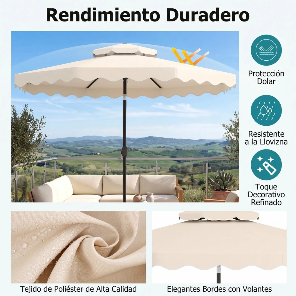 Guarda-sol de 300 cm com inclinação bidirecional de 30° (BASE NÃO INCLUIDA), teto ventilado, 2 camadas, 8 varas metálicas e folhos, para pátio e pisci