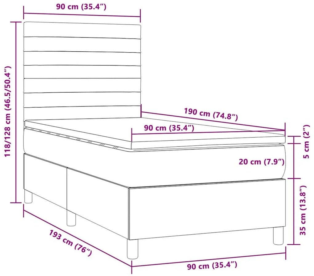 Cama box spring + colchão/LED 90x190cm tecido cinza-acastanhado