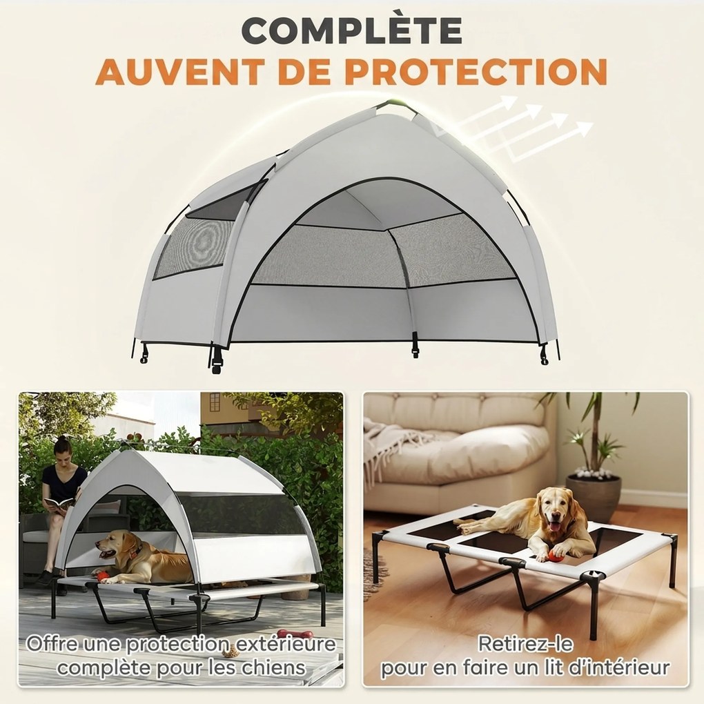 Cama Elevada para Cão com Toldo, 122 x 92 x 94 cm, Proteção Solar de 3 Lados, Cinzento-Claro