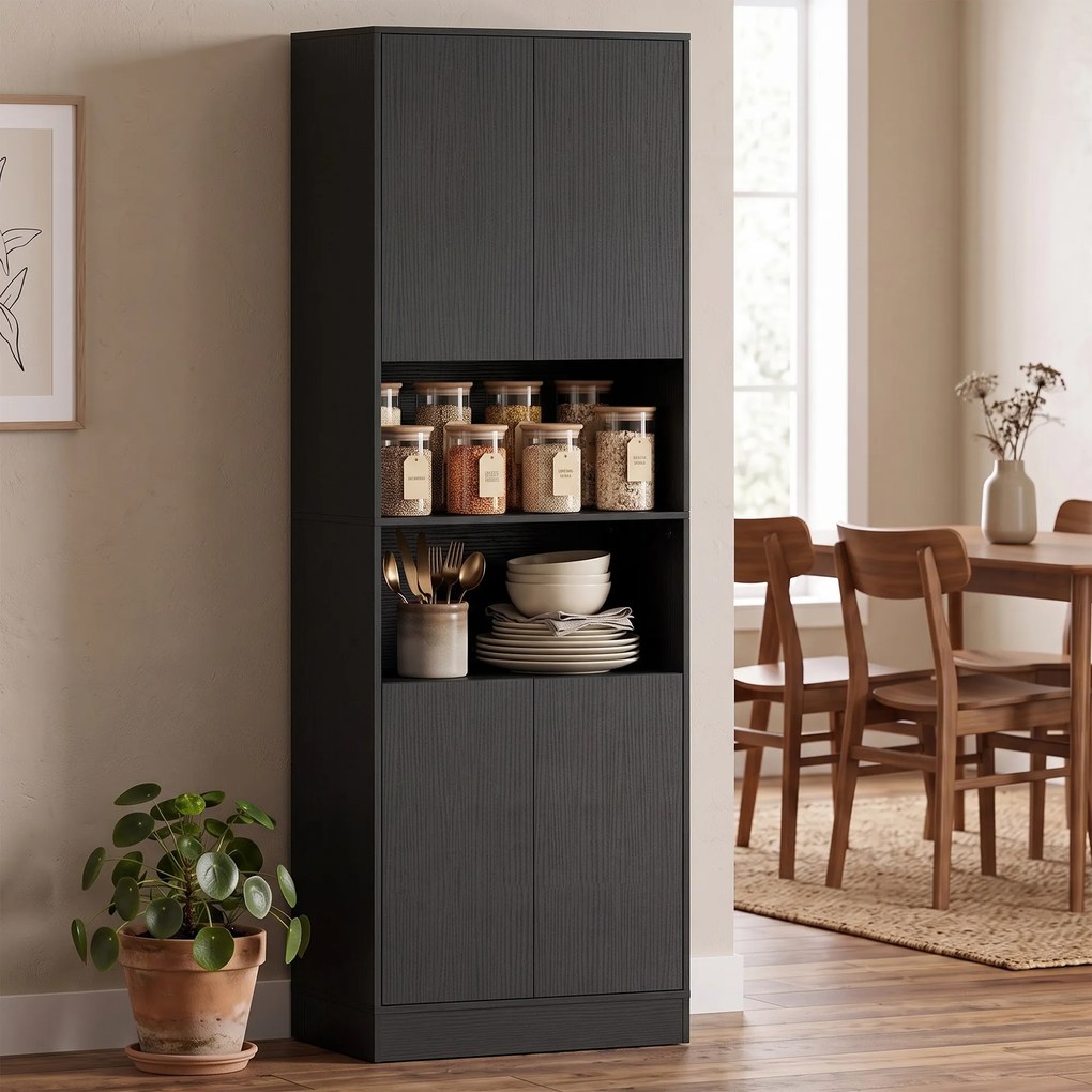 Armário de Cozinha Alto, 60 x 30 x 170 cm, 6 Níveis de Arrumação, Preto