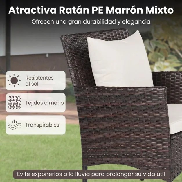 Conjunto de jardim de 3 peças: cadeiras de vime castanho misto com mesa de vidro temperado de dupla camada Castanho com almofadas brancas