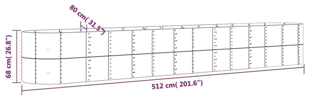 Canteiro elevado jardim 512x80x68cm aço revestido a pó prateado