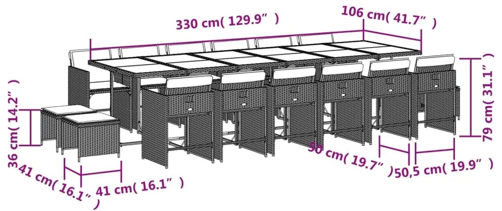 17 pcs conjunto jantar p/ jardim c/ almofadões vime PE castanho