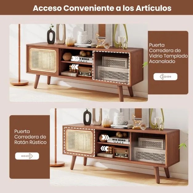 Móvel de TV moderno 120,5 x 31 x 45,5 cm em bambu até 55'' com Portas deslizantes em vime Prateleira Castanho