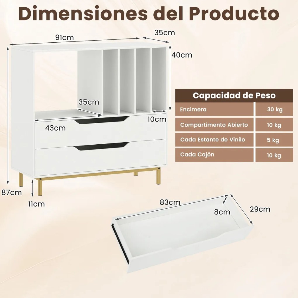 Suporte para gira-discos e para discos de vinil 91 x 36 x 87 cm com compartimento aberto 4 prateleiras e 2 gavetas e pés de metal branco