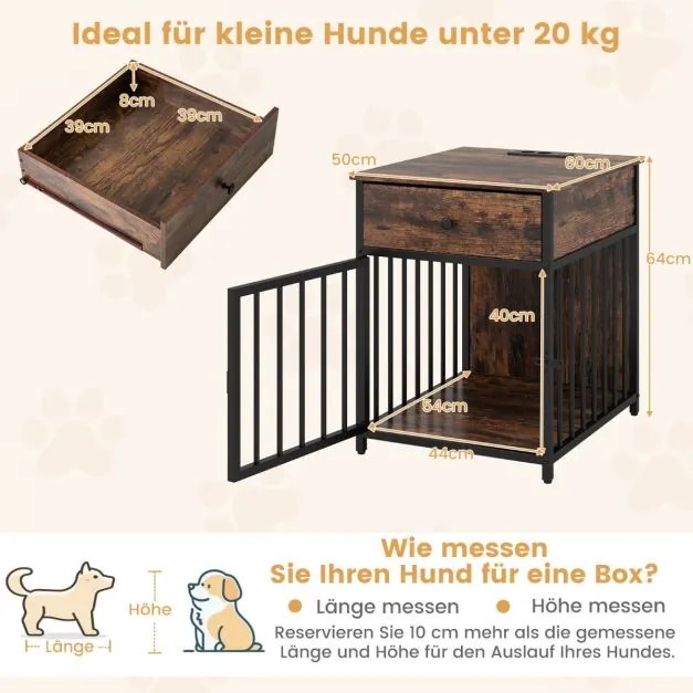 Gaiola para cães Mesa auxiliar para uso doméstico com estação de carregamento, porta, gaveta e tubos de metal castanho