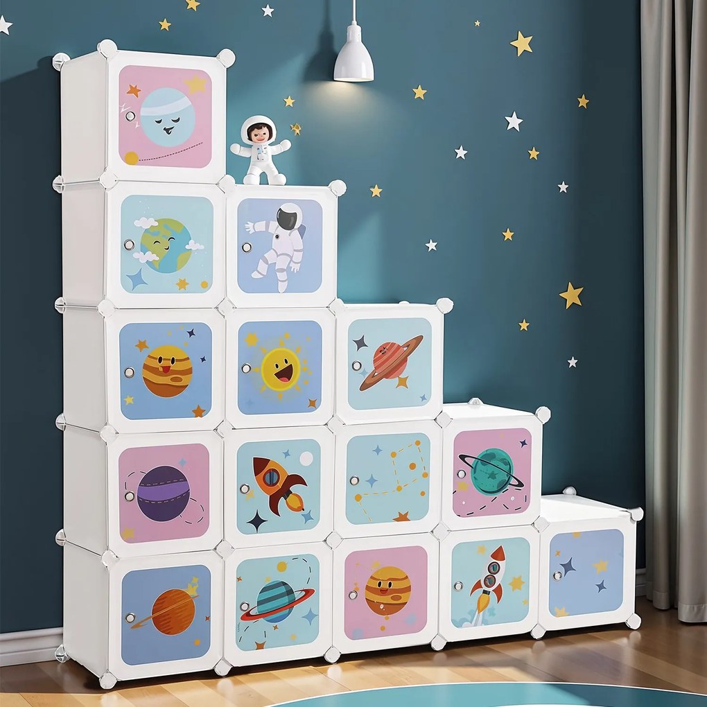 Armário de arrumação para crianças com 15 cubos com portas 31 x 153 x 153 cm branco leitoso, padrão colorido (motivo espacial)