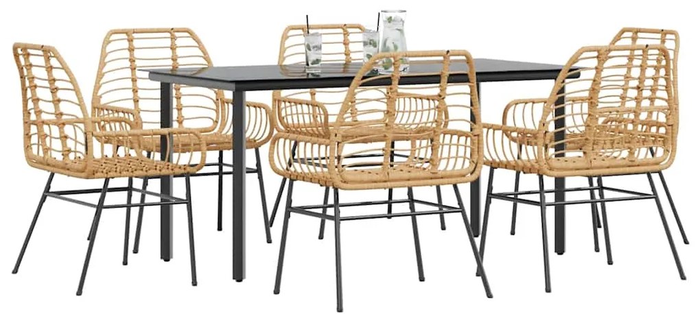 Conjunto jantar jardim 7 peças vidro vime PE castanho