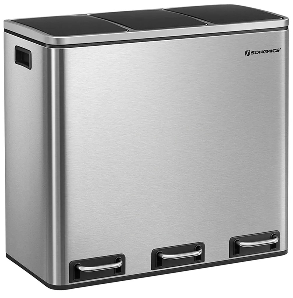 Lixeira de reciclagem com 3 compartimentos e pedal | SONGMICS | 61 x 34 x 55,5 cm | prata|preto | LTB54NL.
