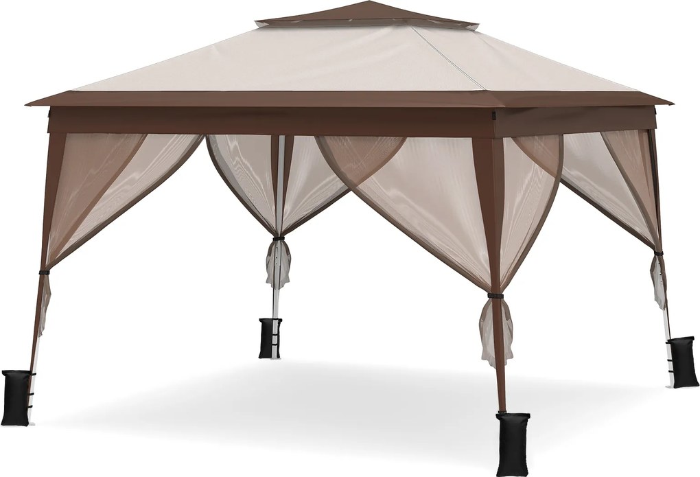 Tenda Dobrável, 300 x 300 cm com 4 sacos areia, 3 Alturas Ajustáveis, Castanho