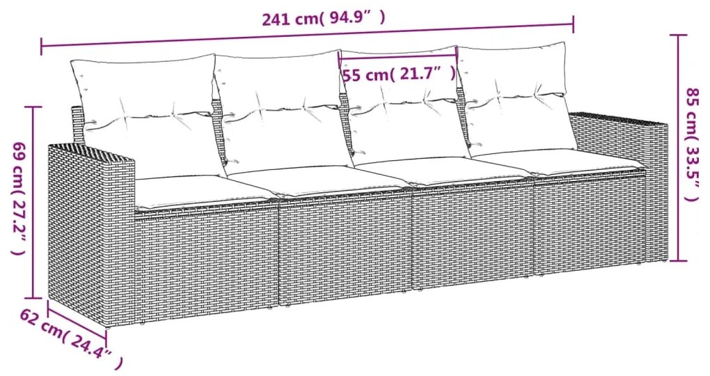 4 pcs conjunto de sofás para jardim c/ almofadões vime PE preto