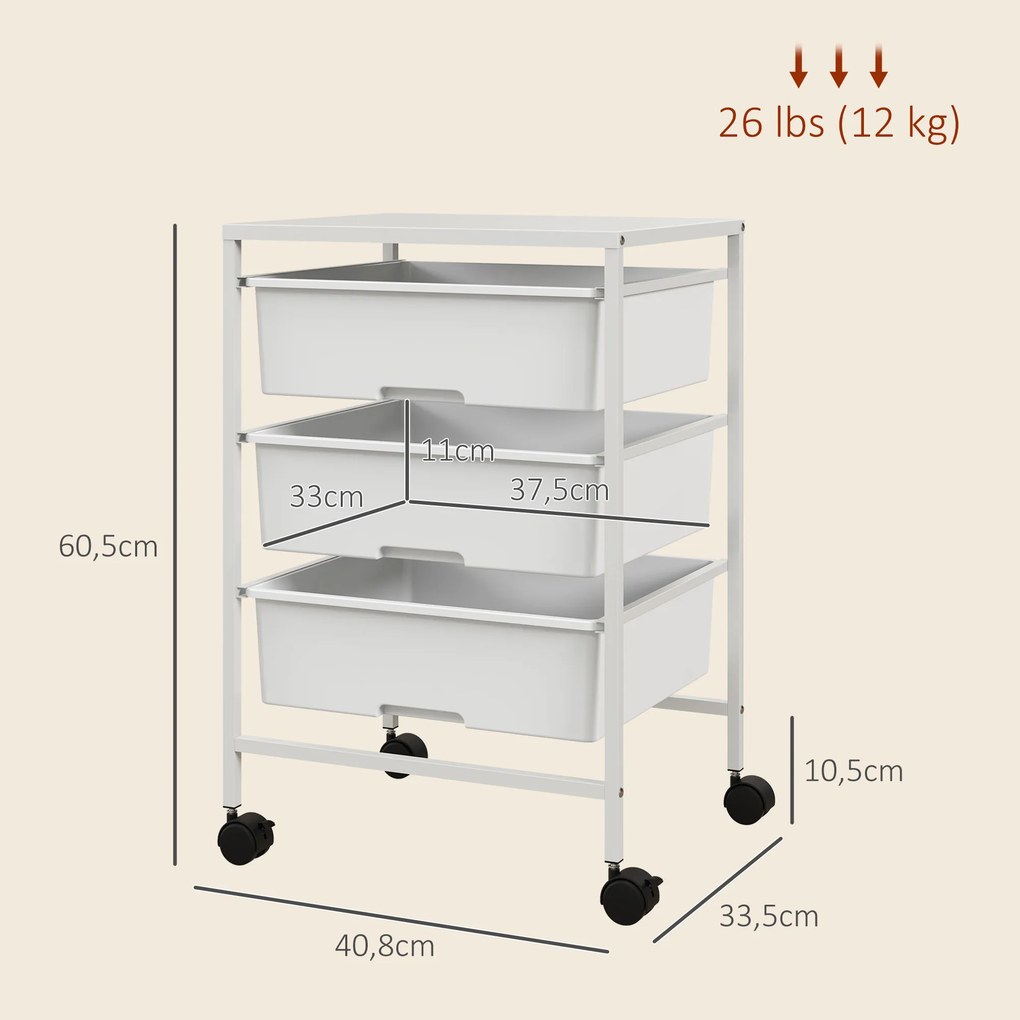 Carrinho Auxiliar com Rodas Carrinho de Cozinha de 3 Níveis com 3 Cestos e Estrutura de Aço 40,8x33,5x60,5 cm Branco