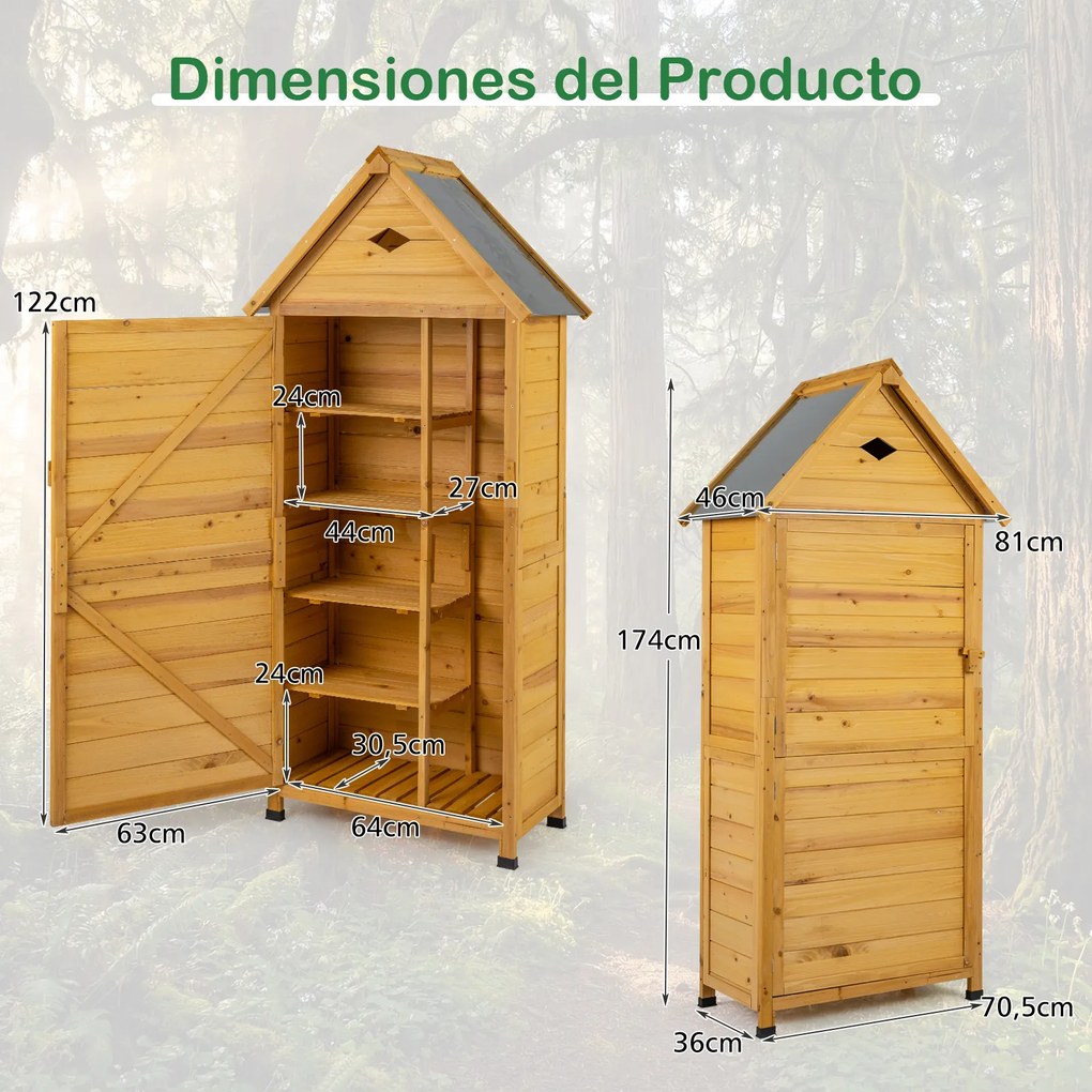 Abrigo de jardim em madeira com porta 81 x 46 x 174 cm, fechadura, piso, 4 estantes removíveis, ventilação, telhado inclinado, arrumação de ferramenta