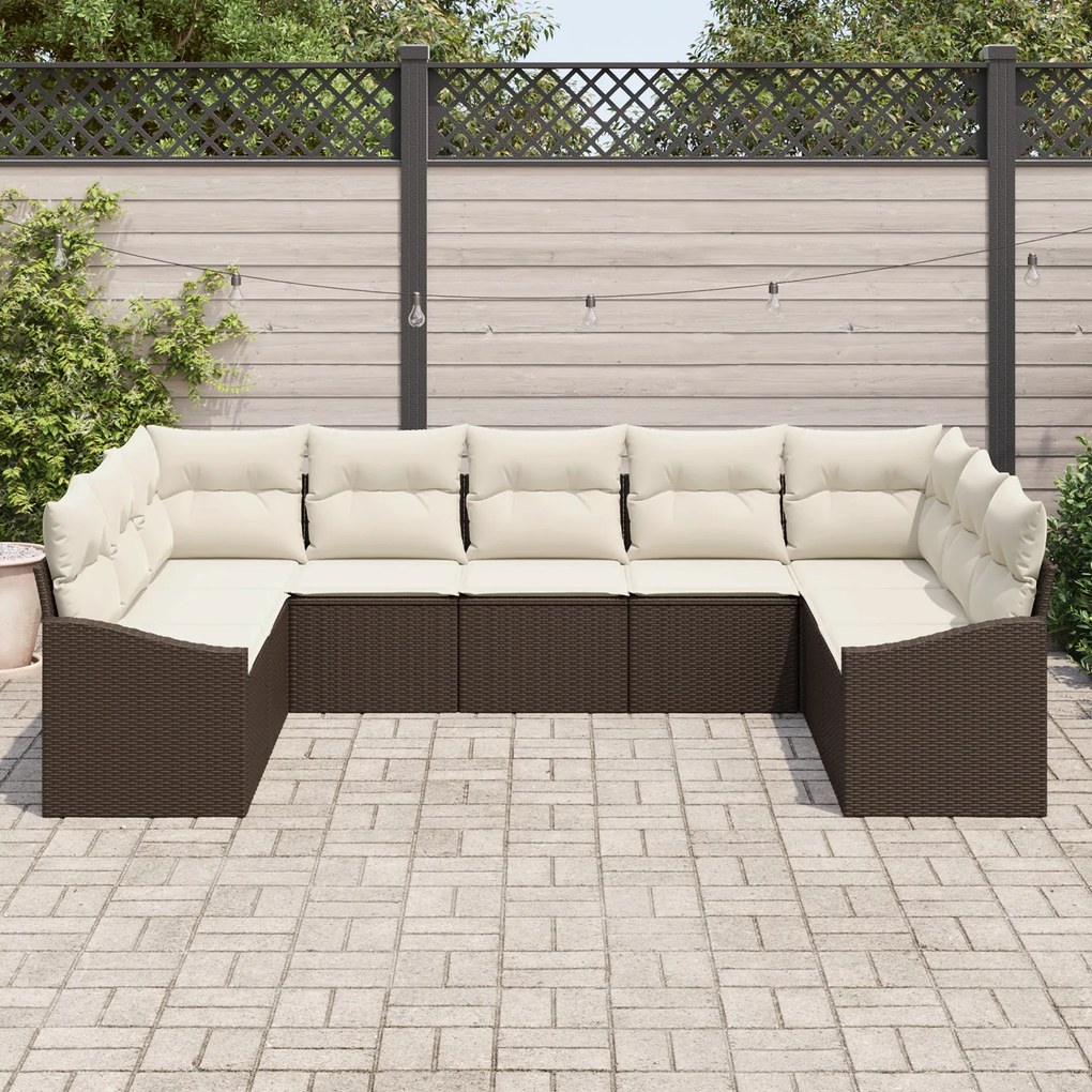 Conjunto de Jantar de Jardim de 9 Peças com Almofadas em Vime Castanho