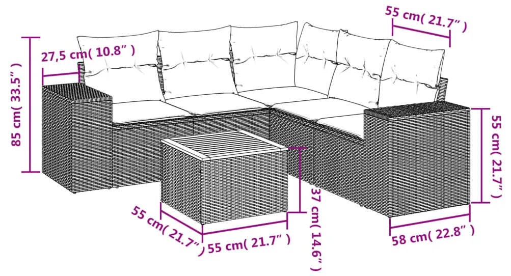 6 pcs conjunto sofás de jardim c/ almofadões vime PE preto