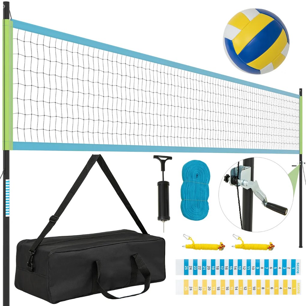 Conjunto de rede de voleibol portátil para exterior Sistema de rede de voleibol de alta resistência com postes ajustáveis em altura Azul + Verde