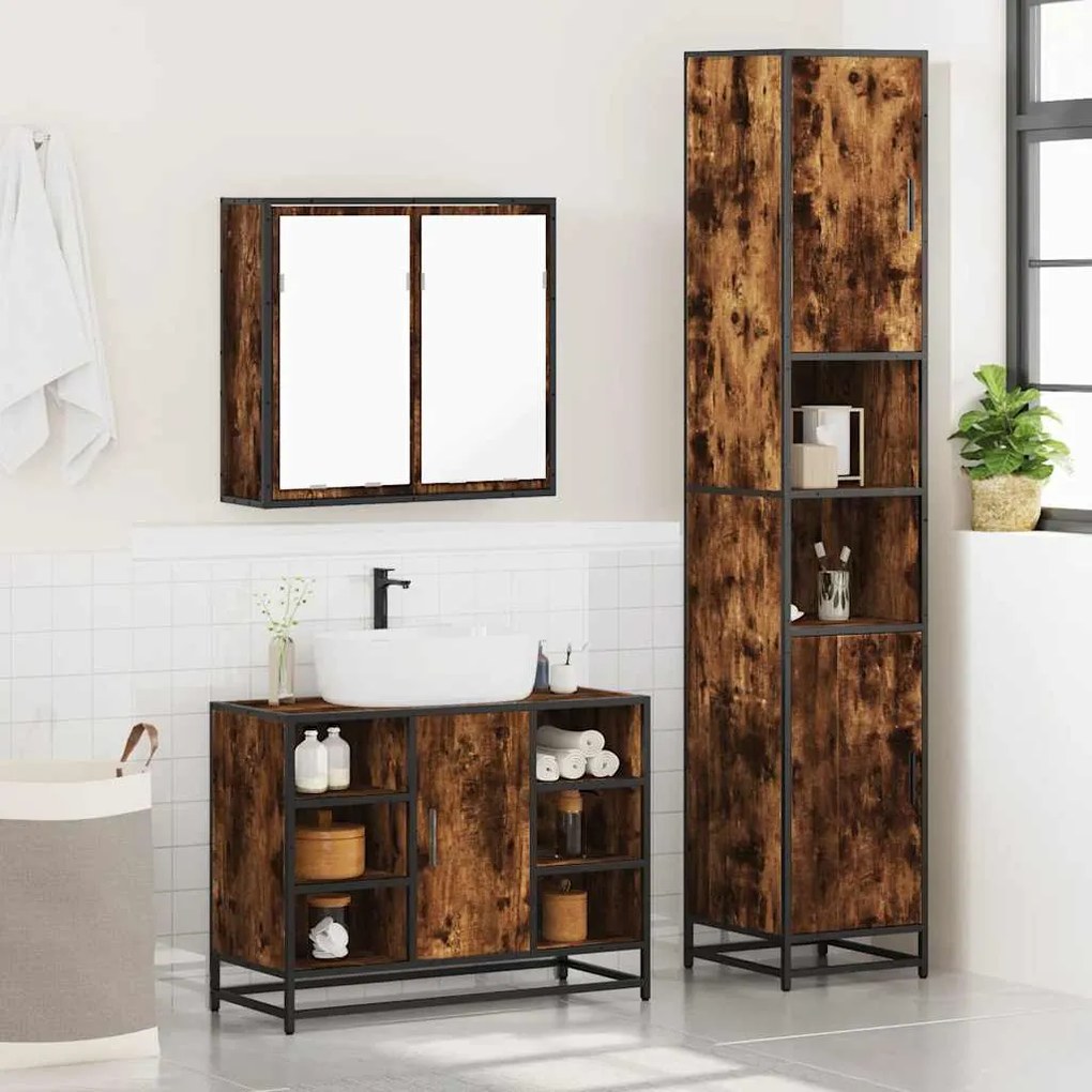3 pcs conjunto de móveis WC madeira processada carvalho fumado