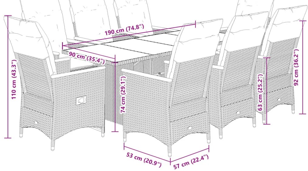 9 pcs conjunto de jantar p/ jardim c/ almofadões vime PE cinza