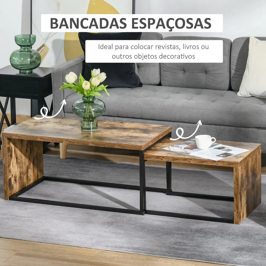 Conjunto de 2 Mesas de Centro Mesinhas de Café com Pés de Metal Estilo Industrial para Sala de Estar Sala de Jantar 90x48x42cm e 59x42x36cm Marrom Rús