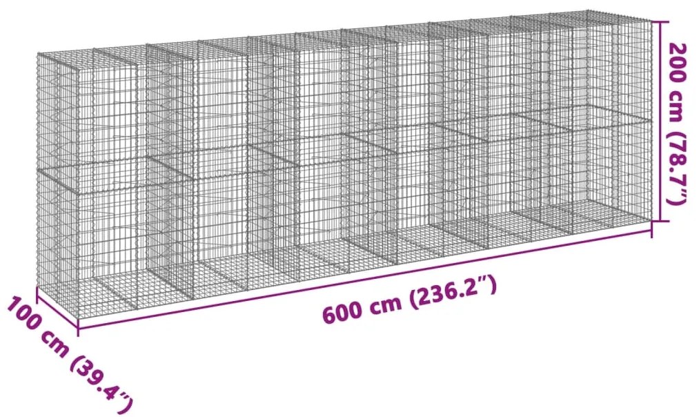 Cesto gabião com cobertura 600x100x200 cm ferro galvanizado