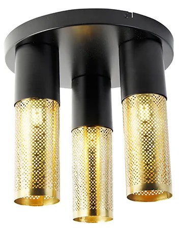 Candeeiro de teto industrial preto com dourado redondo 3 luzes - Raspi