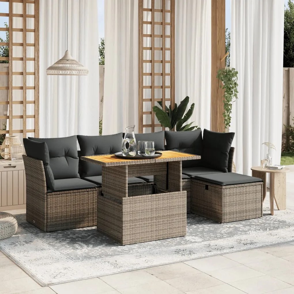6 pcs conjunto sofás de jardim com almofadões vime cinzento