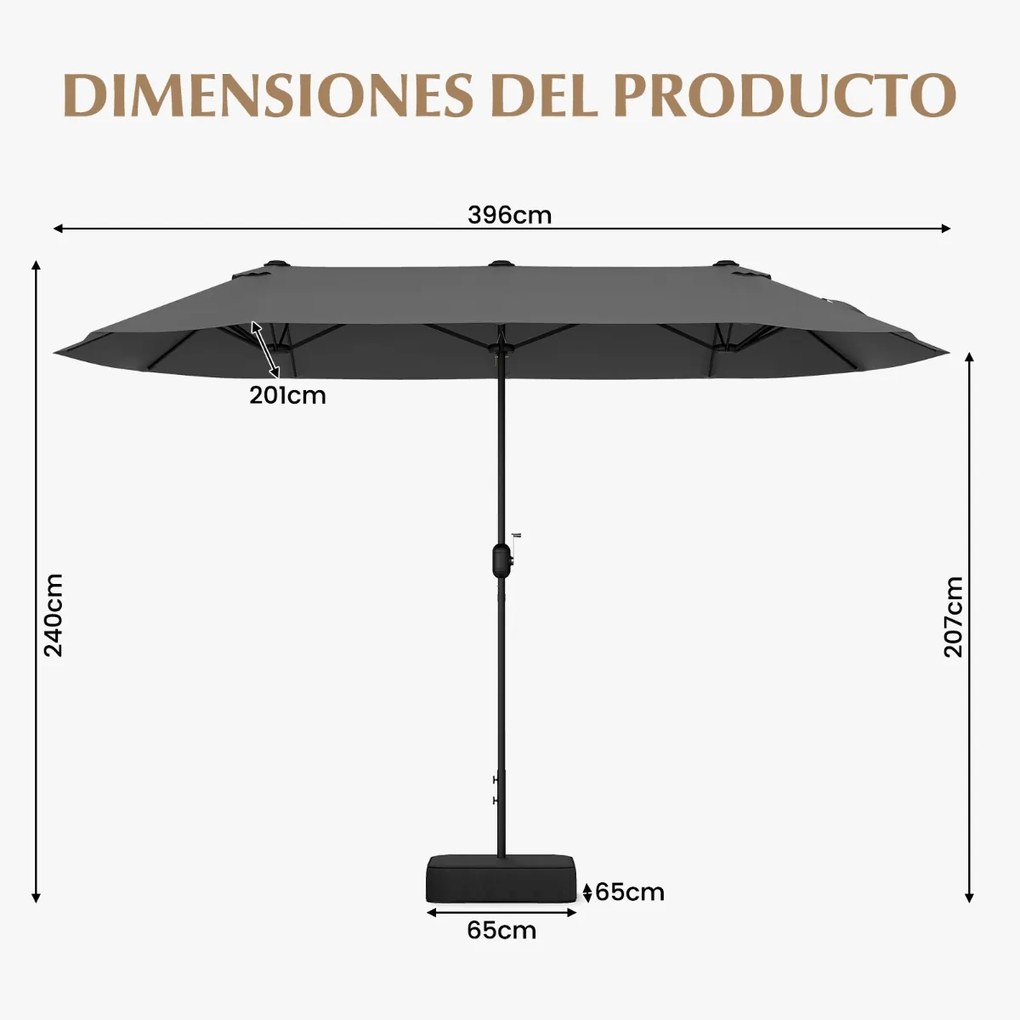 Guarda-sol duplo para jardim com base recarregável, manivela e 12 hastes de alta resistência Cinzento