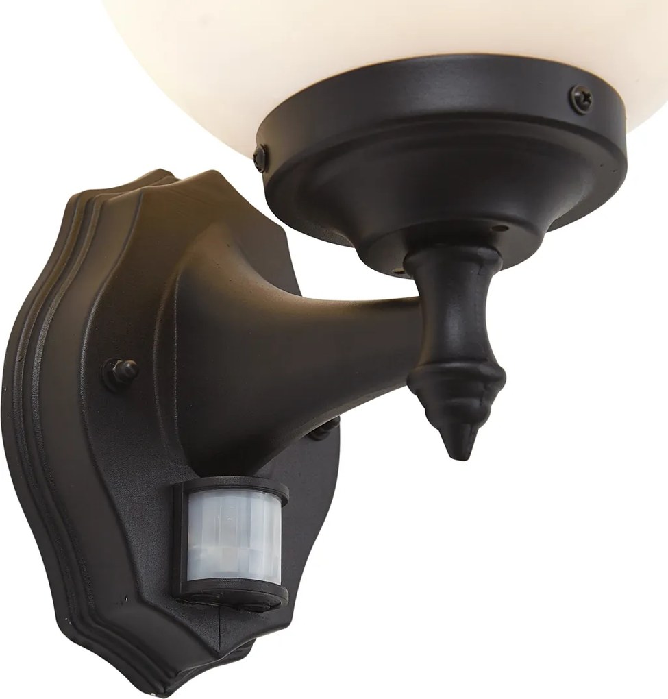 Candeeiro de Parede Exterior Clássico Preto com Vidro Opal IP44 com Sensor de Movimento - Champs