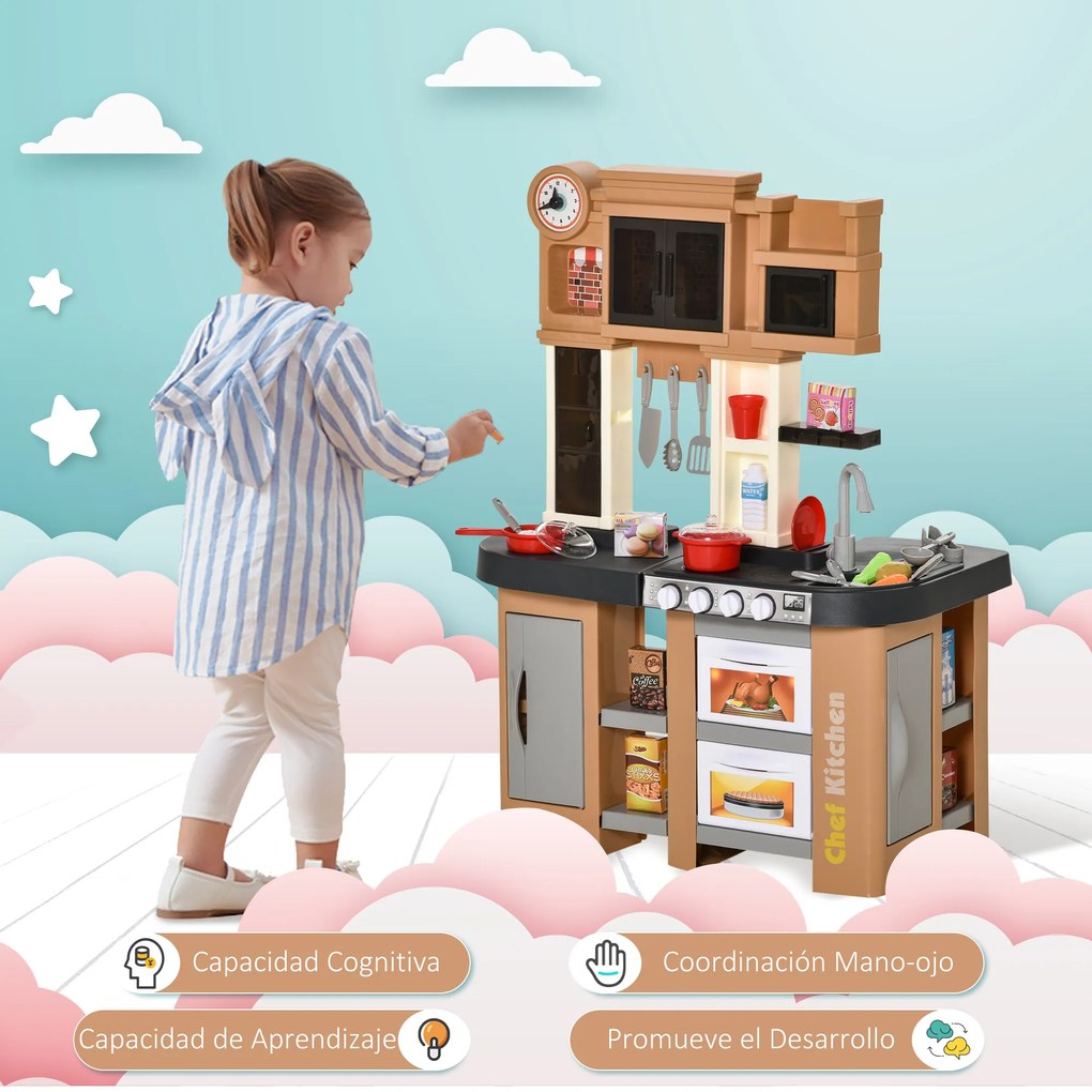HOMCOM Cozinha Infantil com 58 Peças para Crianças acima de 3 Anos Cozinha de Brincar com Luz Sons Lavatório Torneira com Água e Forno 63x35x84cm Marrom