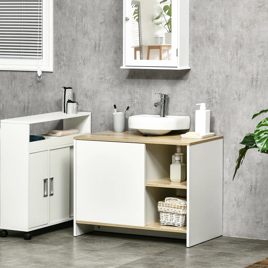 Móvel para Lavatório Pousar Móvel Casa de Banho Moderno com Prateleiras Abertas e Armário 77x45x60 cm Branco e natural