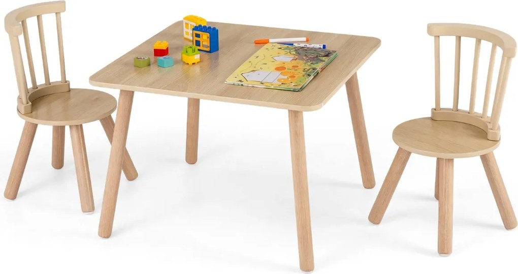 Conjunto de mesa e 2 cadeiras para crianças de madeira maciça com assentos redondos Natural