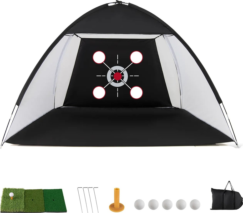 Rede de treino de golfe 314 x 199 cm, portátil, com tapete Tri-Turf, bolas, tee e saco de transporte dobrável para uso no interior e no exterior Preto