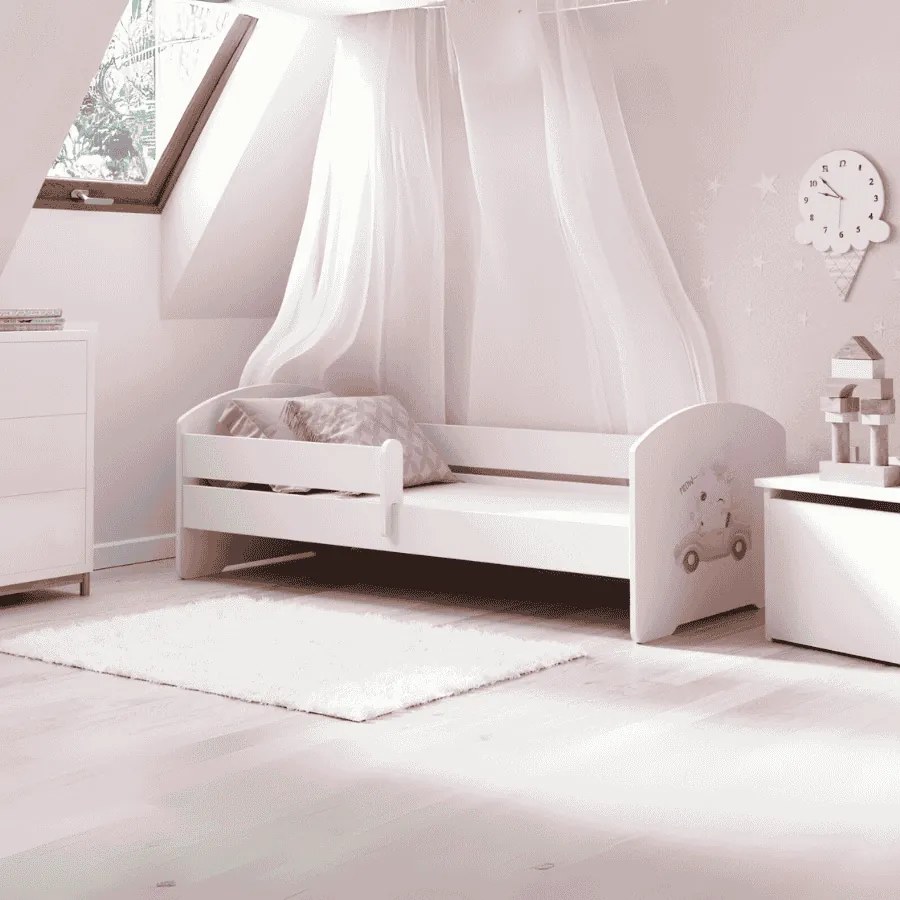 Cama infantil LUK gato rosa 160x80 branca com grades - colchão e estrado incluído