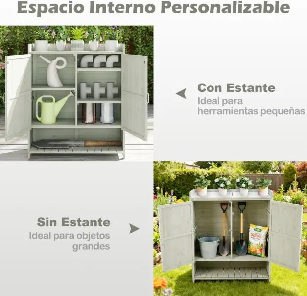 Bancada jardinagem para Exterior 100 x 38 x 118 cm com Armazenamento Armário de Madeira Maciça com Prateleiras Removíveis e 2 Portas Cinza