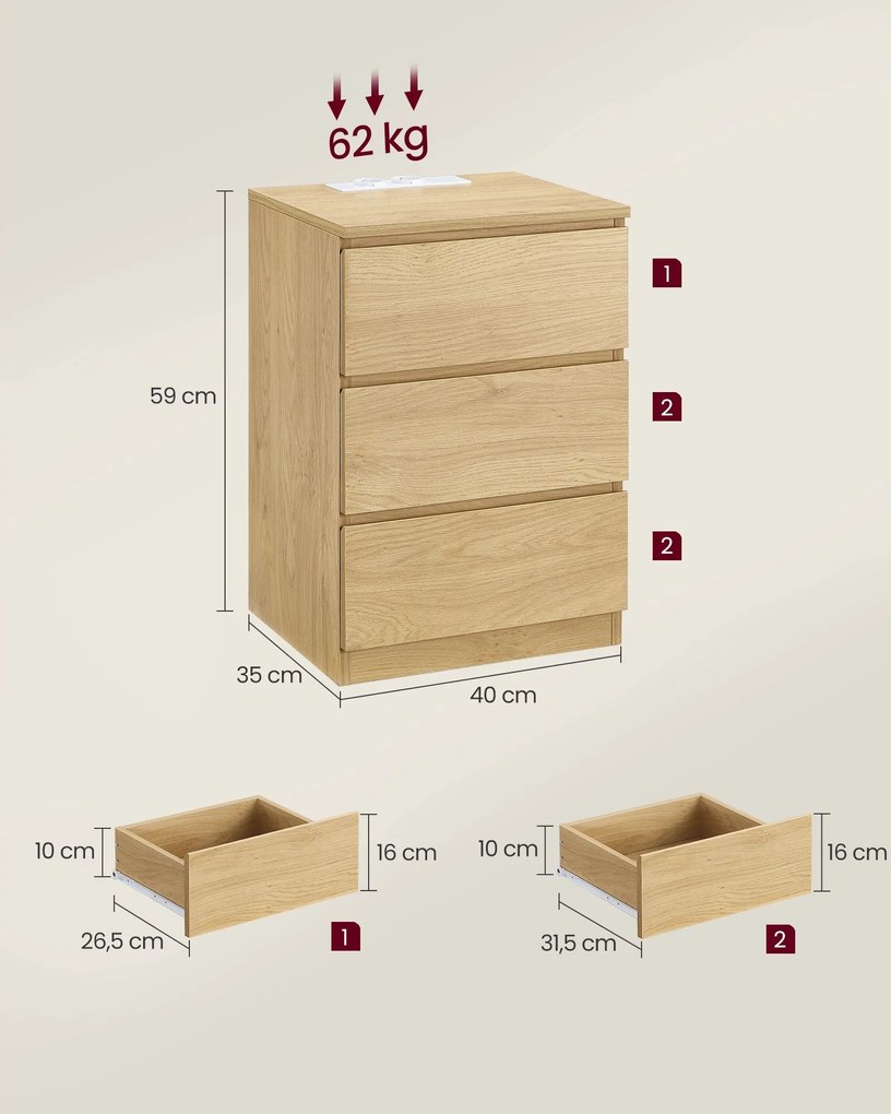 Mesa de cabeçeira moderna com 2 tomadas eletricas e 2 portas USB com 3 gavetas 35 x 40 x 59 cm Natural