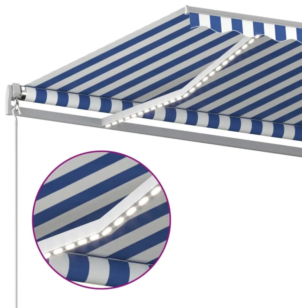 Toldo retrátil manual com LED 500x350 cm azul e branco