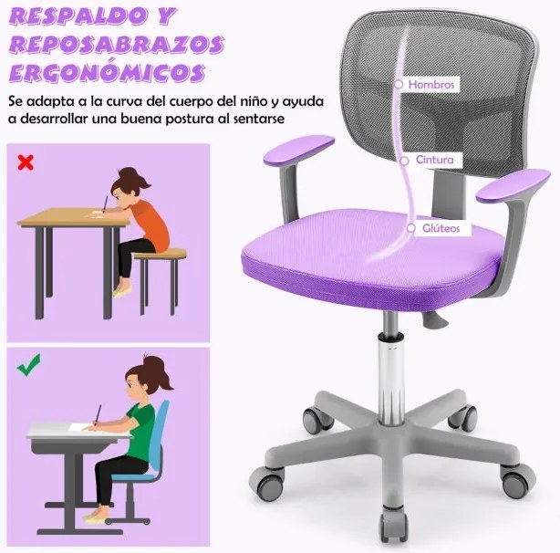 Cadeira de secretária ergonómica para crianças com rodas Apoio lombar ajustável em altura púrpura